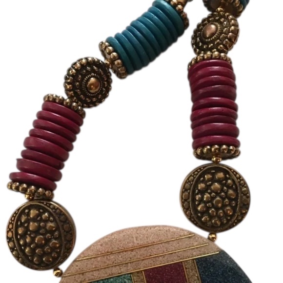 Vintage Gorgeous Sand & Bead Necklace Circle Disc Pendant, Statement, Lee Sands - Picture 5 of 16